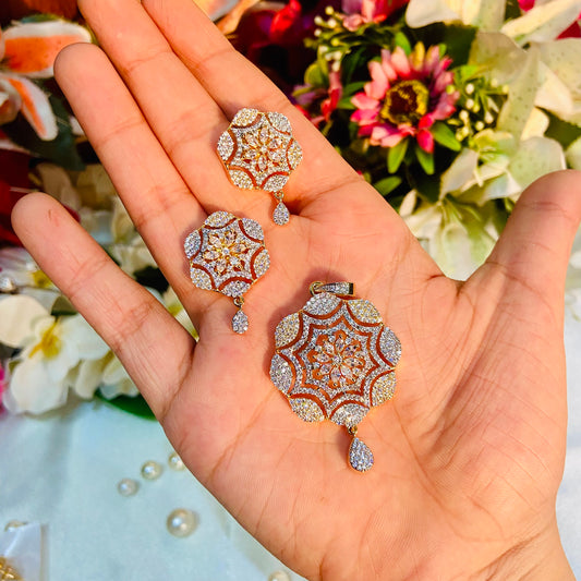 Dual Tone Pendant With Earrings - For Women