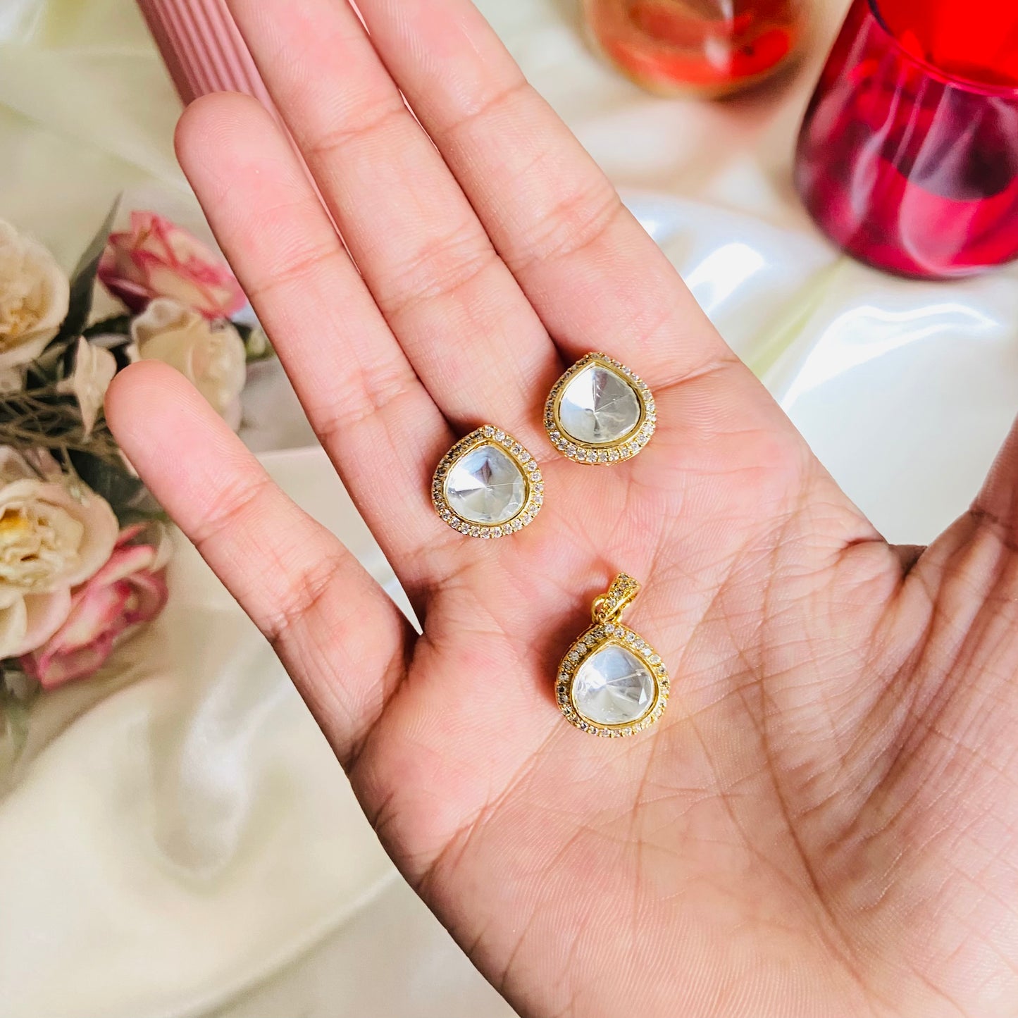 Moissanite Drop Pendant With Earrings - For Women